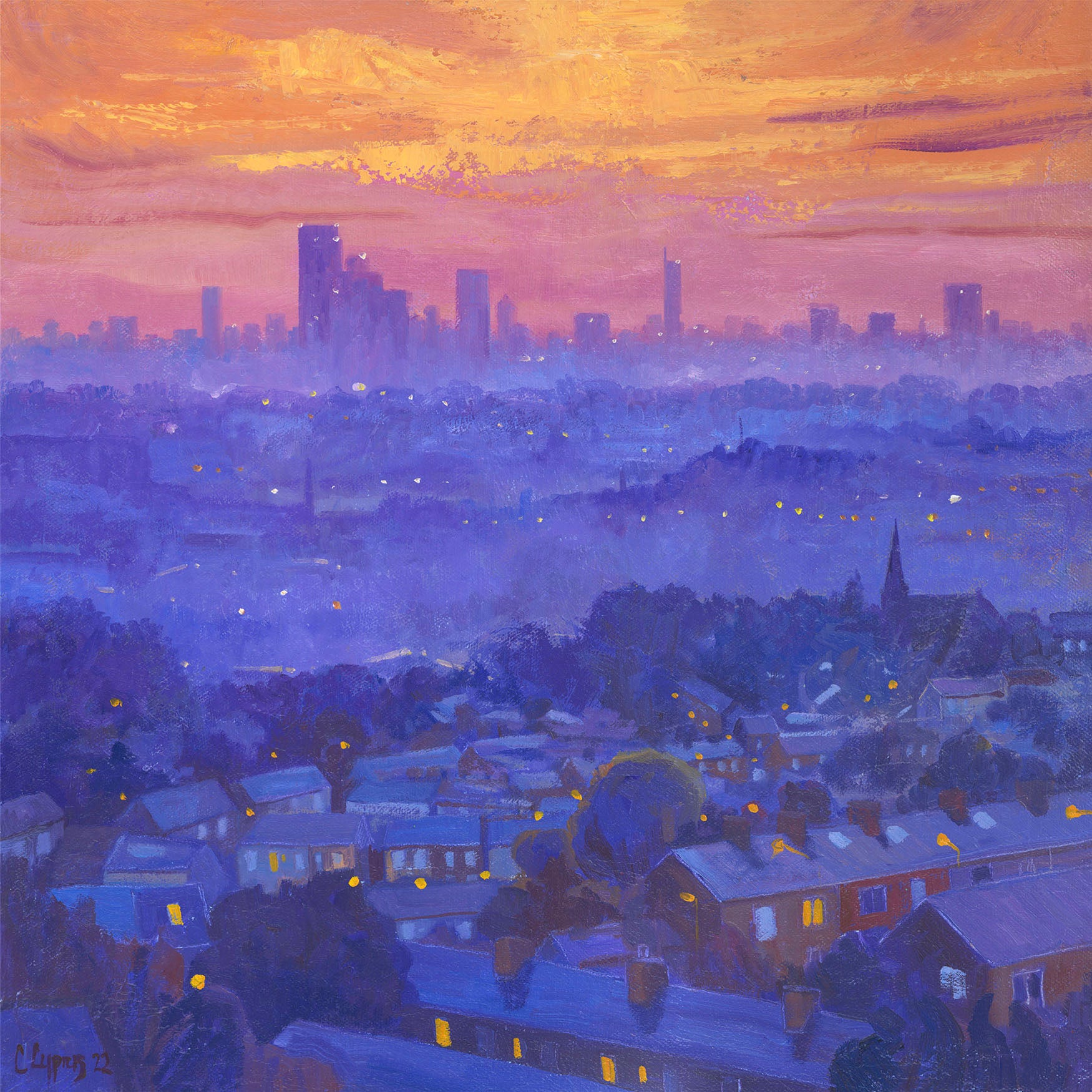 Skyline Sunset ~ Gicleé Print of the City of Manchester by Artist Chris Cyprus 2025. A view over the rooftops on a hot summers evening as the light begin to come on over the city.