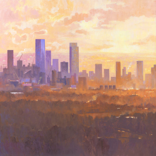 Suburban Haze ~ Gicleé Print of Manchester skyline by Artist Chris Cyprus 2025. A hazy depiction of the skyscrapers dominating the horizon of the city of Manchester. Oranges, muted purples and pinks blend together in the scene.