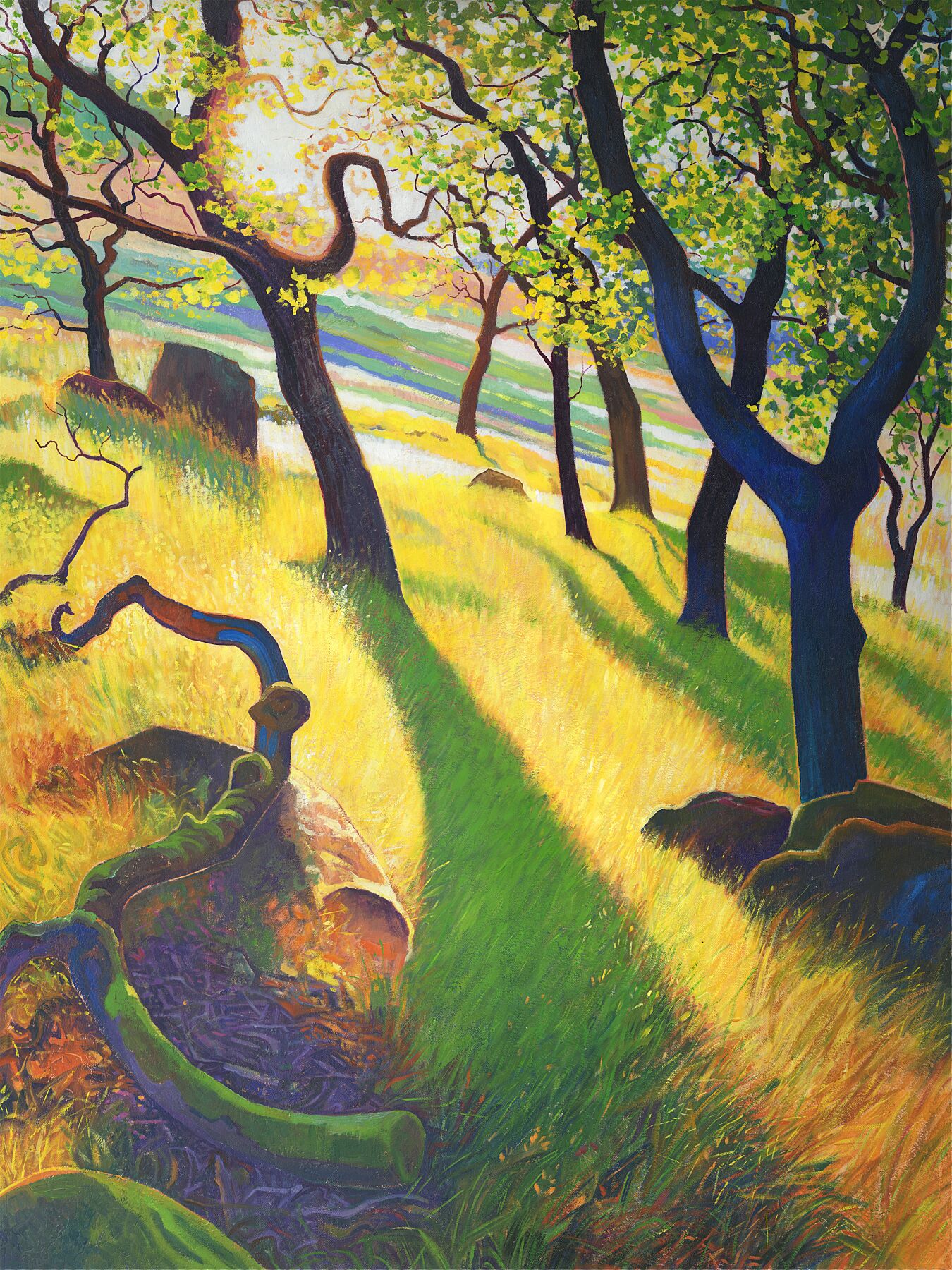 Sun Trees ~ Gicleé Print ©️ Chris Cyprus
A forest scene with vibrant hues of greens yellows and purples, the trees bending towards each other draws your eye down a path into the valley