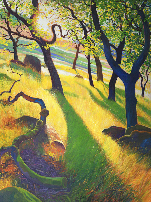 Sun Trees ~ Gicleé Print ©️ Chris Cyprus 
A forest scene with vibrant hues of greens yellows and purples, the trees bending towards each other draws your eye down a path into the valley