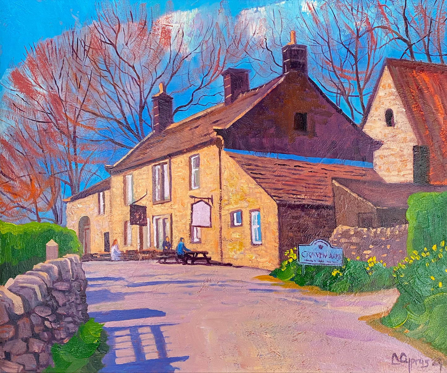 Painting of a quaint village scene with houses and people on a street. The Craven Arms Yorkshire by artist Chris Cyprus ©