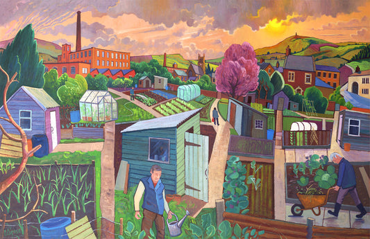 Allotted Time Gicleé Print by Artist Chris Cyprus. A detailed scene combining elements of beautiful landscape surrounding an allotment,  plot holders tending to their prize vegetables and flowers on a summers day at sunrise.