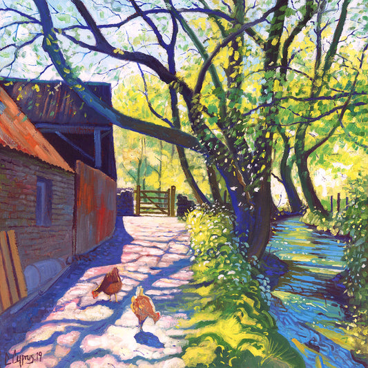 'Free Range 'Limited Edition Gicleé Print by artist Chris Cyprus features a rural Yorkshire scene with chickens, a barn, and trees in the background with dappled light on the ground.
