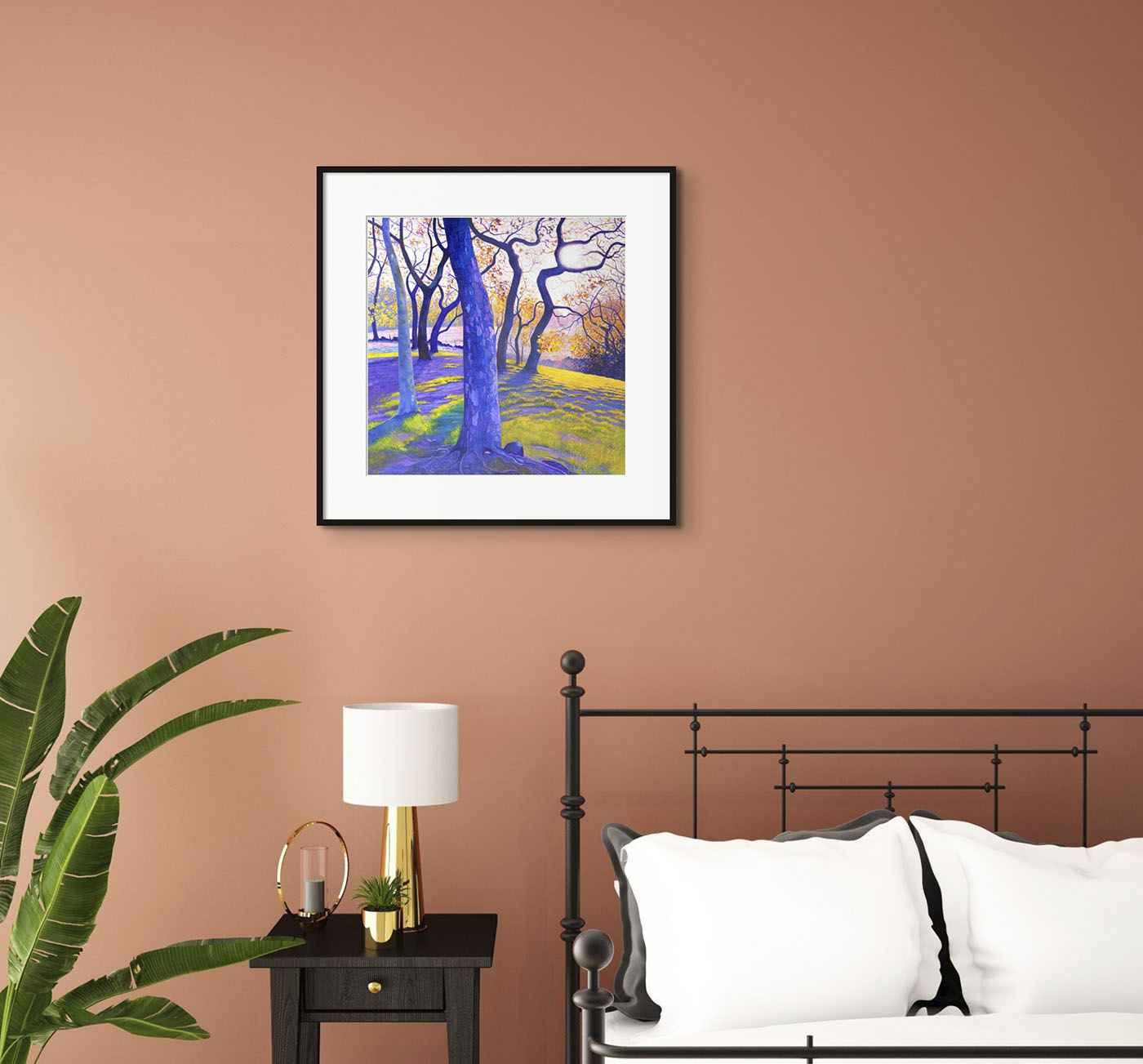Limited Edition Gicleé Print Reproduced from the 'Dream Trees' series of oil painting The painting 'New Dawn' invites you to take a moment to pause, to breathe, and to appreciate the beauty that surrounds us. It serves as a gentle reminder to embrace the present moment, to find solace in the ever-changing cycle of life, and to seek harmony between ourselves and the world in which we reside. Actual size of artwork: 55cm x 55cm . The image displays the print in a frame