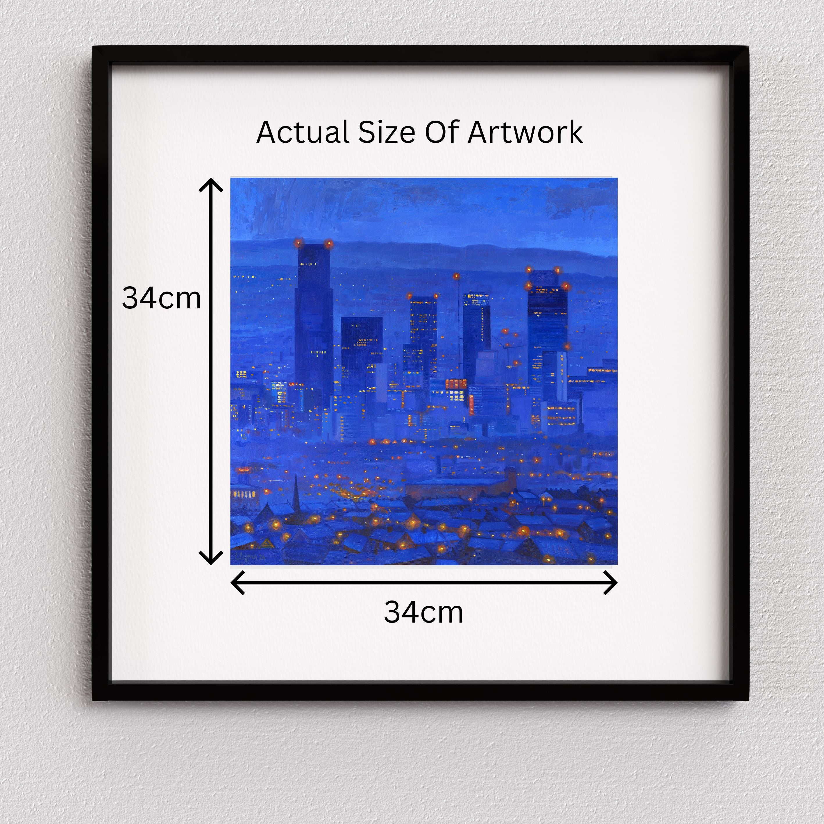 City Lights ~ Gicleé Print of Manchester Skyline by Artist Chris Cyprus. Mock-up shown in frame on the wall 33cm x 33cm 