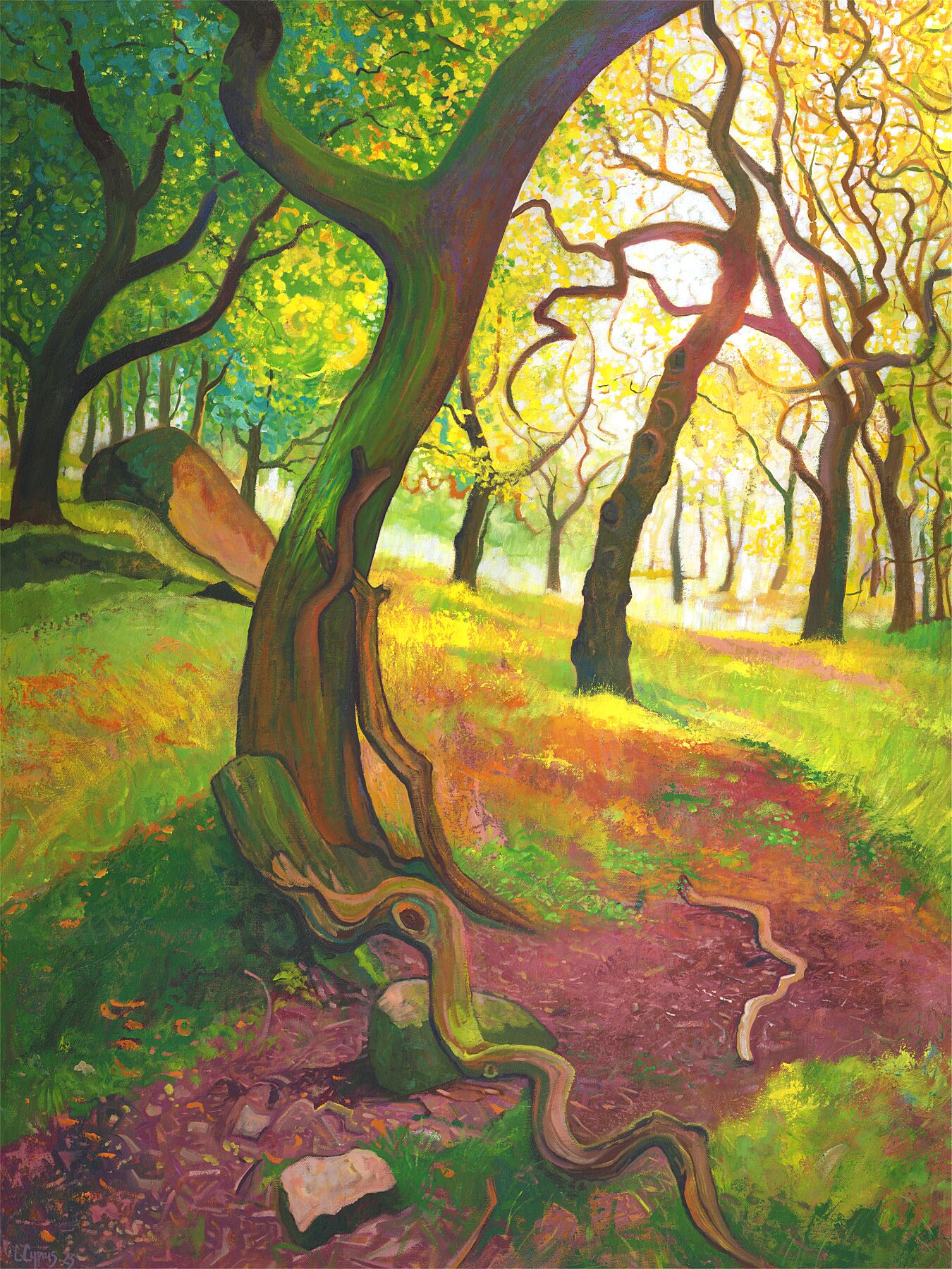 Fallen Branch ~ Gicleé Print ©️ Chris Cyprus. A pathway winds through a forest area, trees reach out with gnarled branches on the floor and lime green grass contrasting with magenta shadows. 
