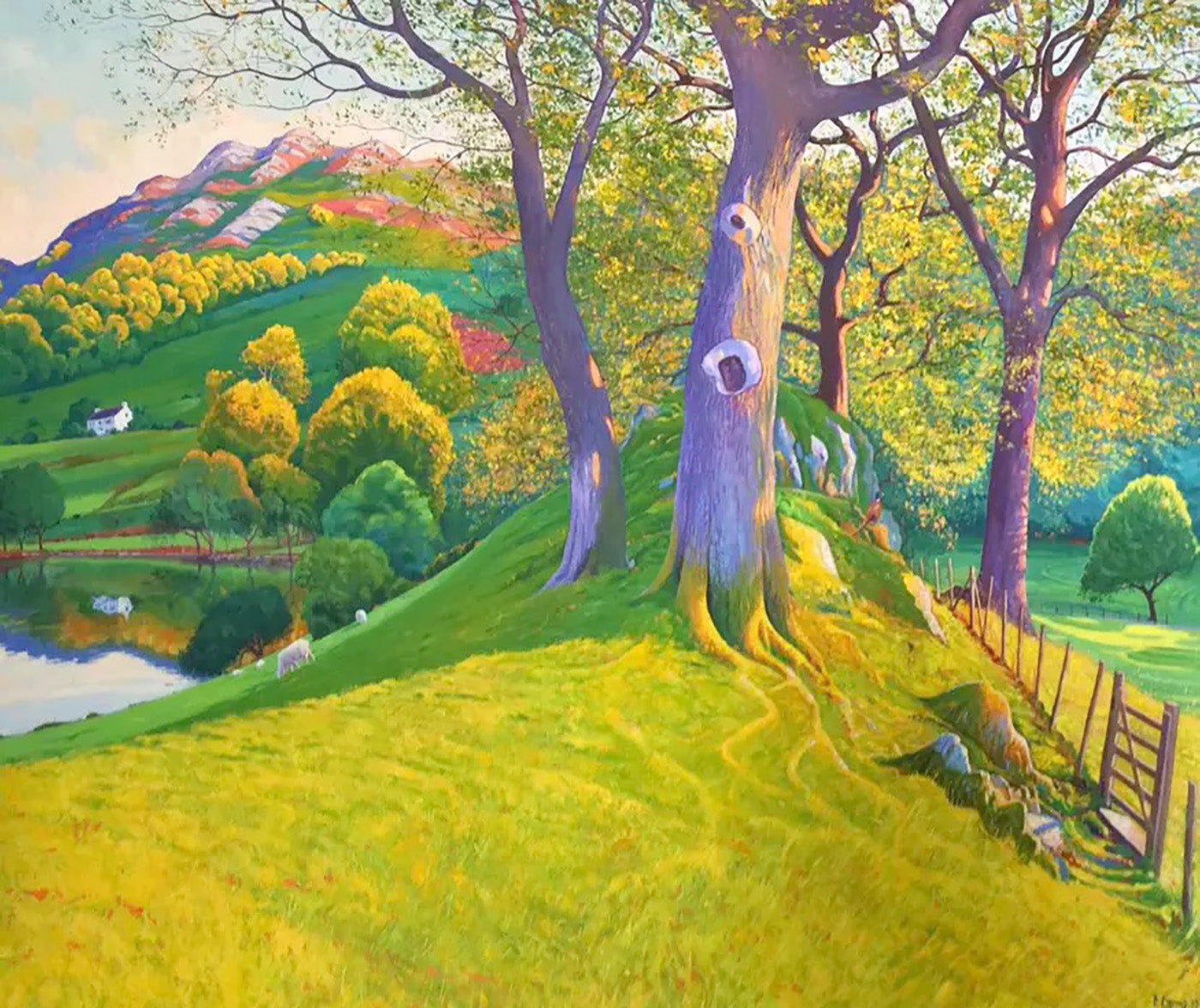 landscape painting of Ambleside by Chris Cyprus of a tree on a grassy hill with a lake and mountains in the background.