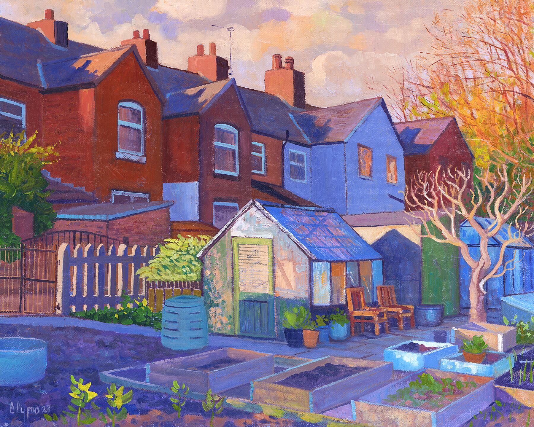 Oasis ~ Giclee Print ©️ Chris Cyprus 
A northern allotment at dusk, bathed in warm light. Sheds and glasshouses in the foreground. Raised beds take centre stage in the scene Warm pinks and purples add to the atmospheric light. 