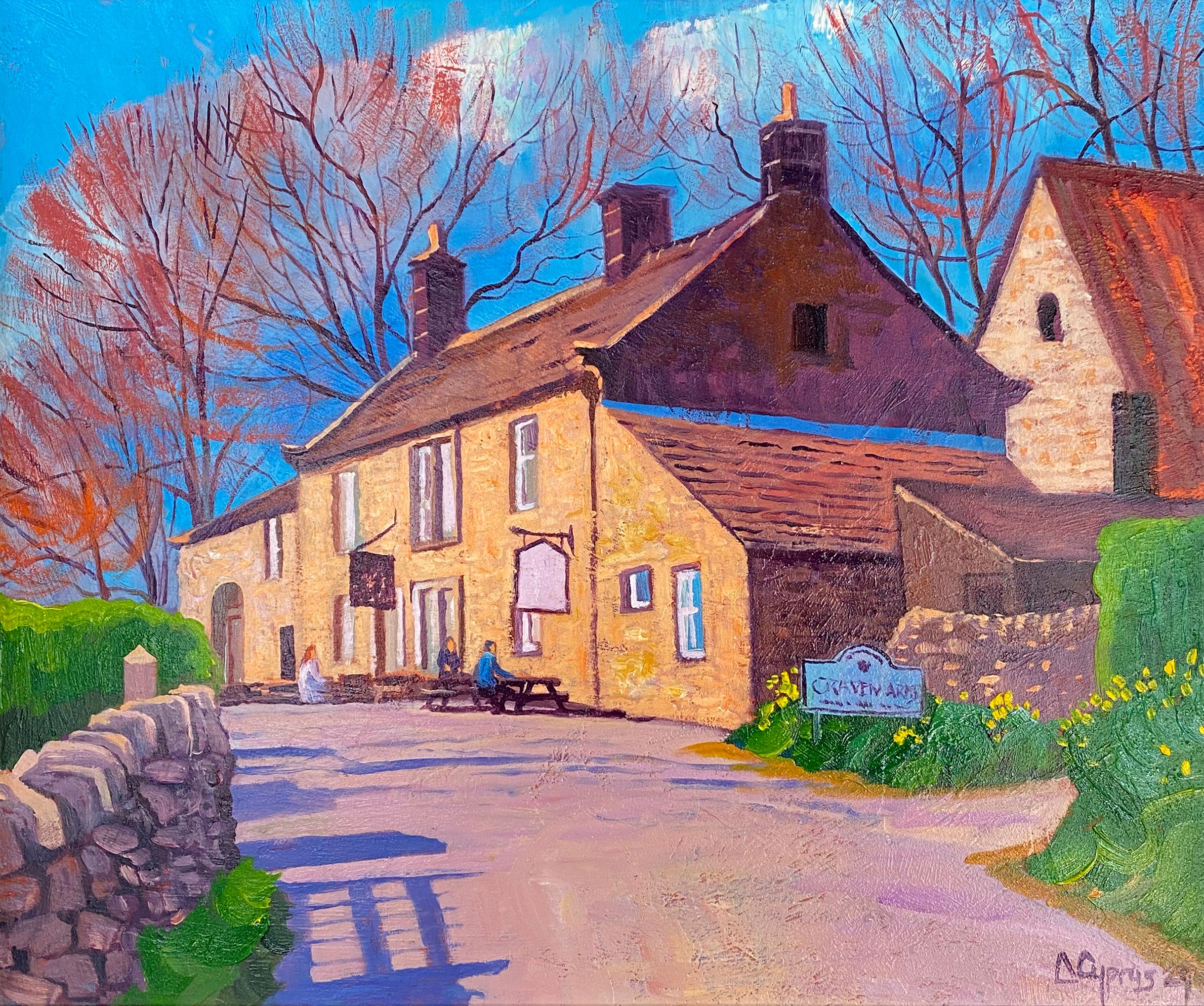 Painting of a quaint village scene with houses and people on a street. The Craven Arms Yorkshire by artist Chris Cyprus ©