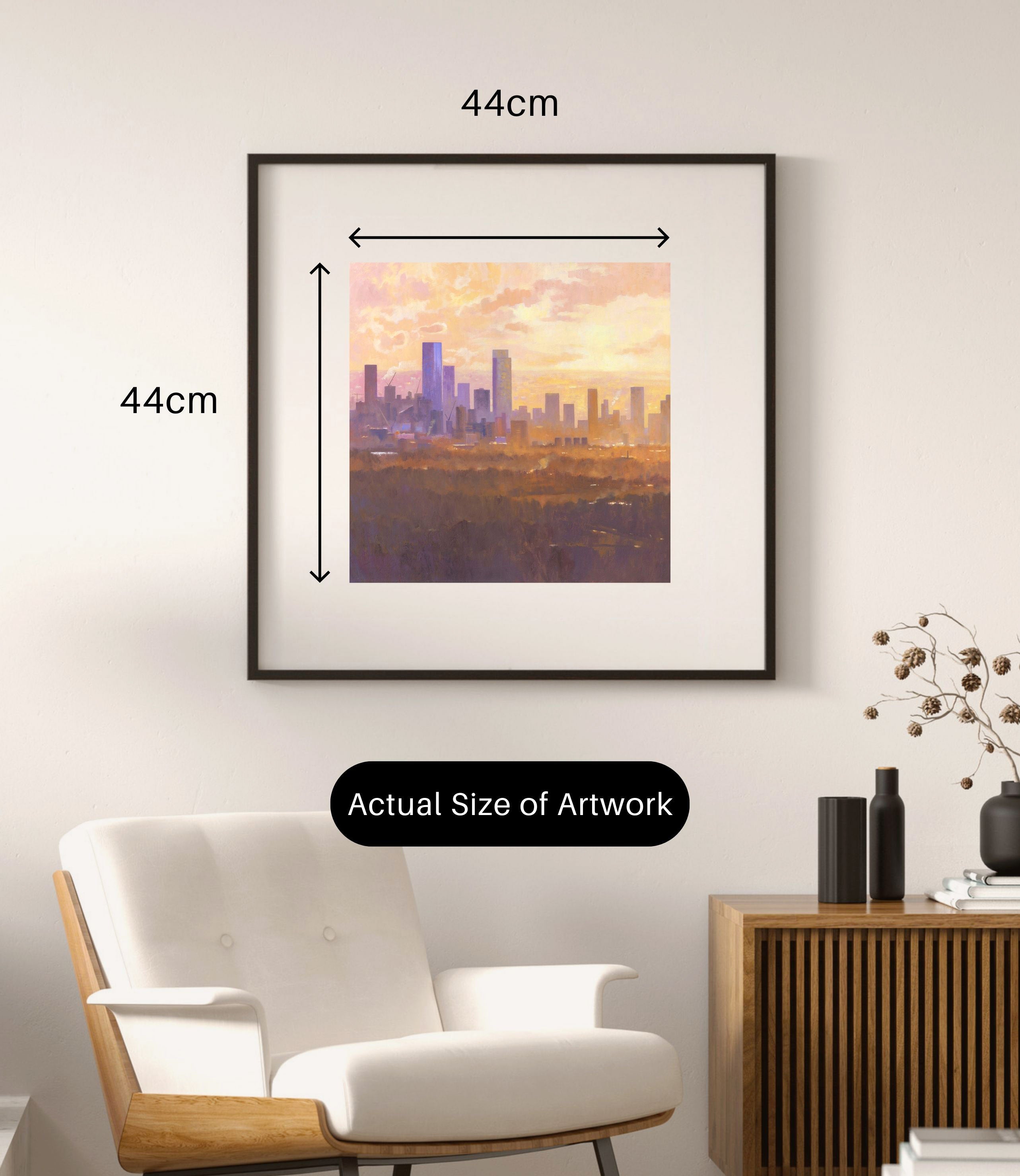 Suburban Haze Open Edition Gicleé Print by Chris Cyprus © 44cm x 44cm shown displayed in a frame on the wall in situ 