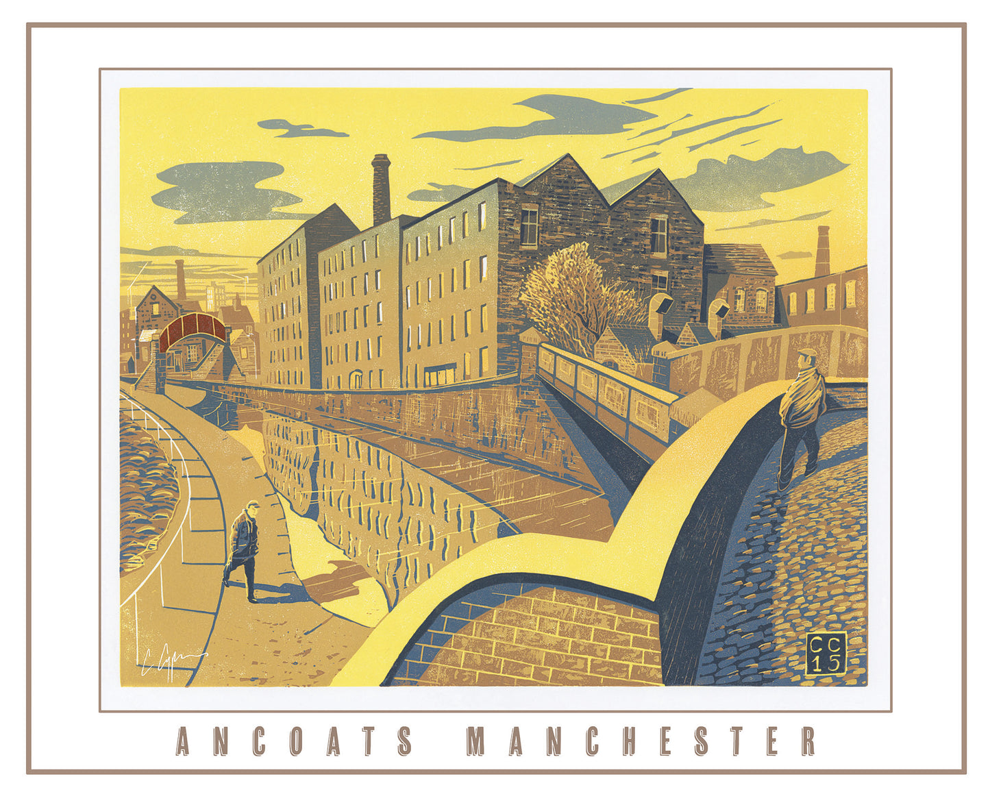 Special Edition Poster Print of a linocut featuring  a scene of Ancoats, Manchester UK by famous artist Chris Cyprus tube rolled for worldwide shipping  