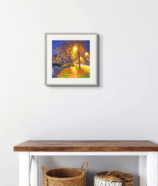 Limited Edition Gicleé Print (tube rolled)  Actual size of artwork 40cm x 40cm  Reproduced from the original painting 'Autumn Evening'  As the nights draw in we begin to appreciate the beauty of sodium lights spreading their warmth!  plus somebody has to take the dog out....     Signed & embossed with a certificate of authentication  Printed on archival paper  Highest quality fade resistant inks used  This product is tube-rolled for worldwide shipping