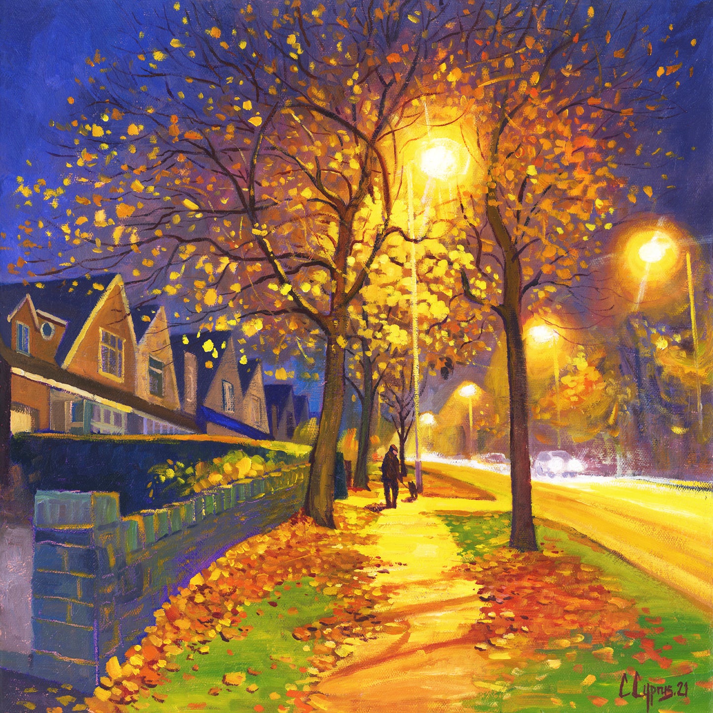 Limited Edition Gicleé Print (tube rolled)  Actual size of artwork 40cm x 40cm  Reproduced from the original painting 'Autumn Evening'  As the nights draw in we begin to appreciate the beauty of sodium lights spreading their warmth!  plus somebody has to take the dog out....     Signed & embossed with a certificate of authentication  Printed on archival paper  Highest quality fade resistant inks used  This product is tube-rolled for worldwide shipping