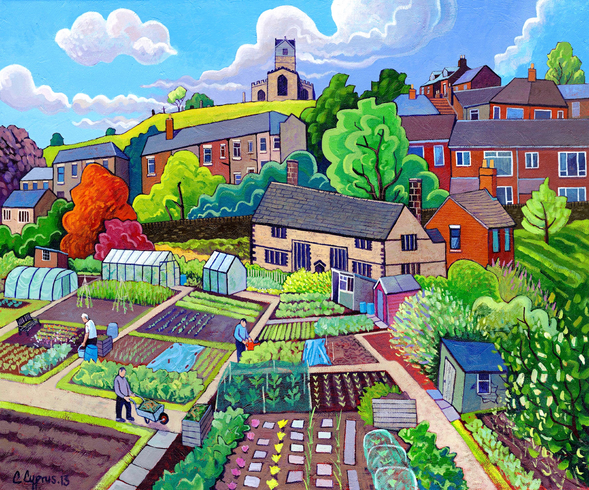 Oil Painting 'Cottage Industry' by famous British artist Chris Cyprus. Features a large allotment scene surrounded by a northern village and church sitting above on the hill. © Chris Cyprus 2013 archive