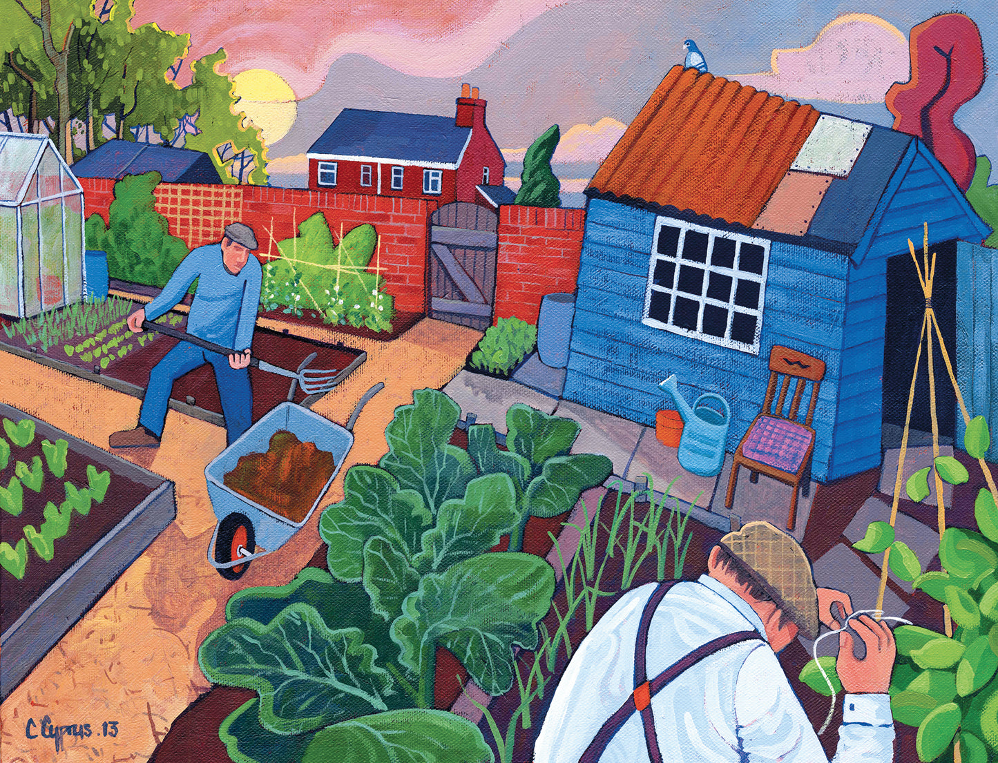 'Early Birds' Oil painting by famous Northern Artist Chris Cyprus. Features 2 old boys working the land on an allotment overlooked by a pigeon friend sitting on top of a shed. © Chris Cyprus 2013 archive