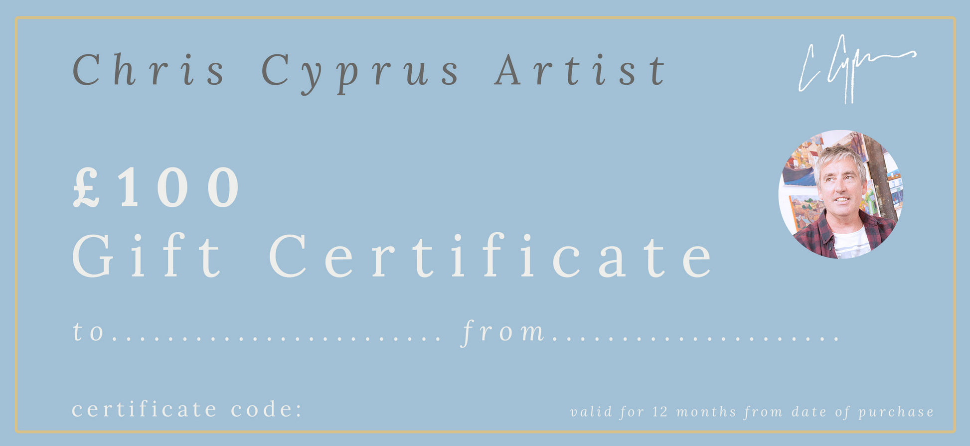 A Chris Cyprus gift certificate for the art lover in your life!  treat a friend or loved one to a gift they will treasure forever  You will receive a unique code via email which can then be redeemed at checkout .  On request a paper copy of your certificate can be delivered to an address of your choice...  Redeemable against all products including limited edition prints, poster prints, jigsaws, & my dream trees book.  £25, £50 & £100 certificates available