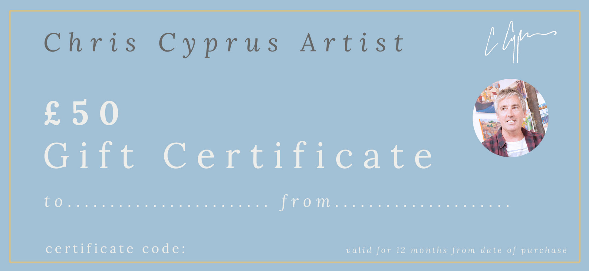 A  Chris Cyprus gift certificate for the art lover in your life!  treat a friend or loved one to a gift they will treasure forever  You will receive a unique code via email which can then be redeemed at checkout.  On request a paper copy of your certificate can be delivered to an address of your choice...  Redeemable against all products including limited edition prints, poster prints, jigsaws, & my dream trees book.  £25, £50 & £100 certificates available
