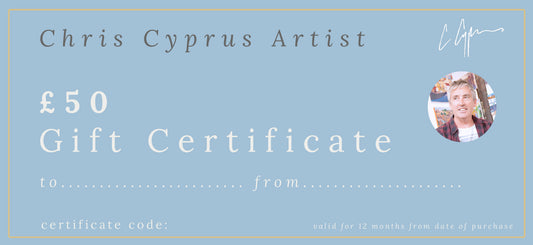 A  Chris Cyprus gift certificate for the art lover in your life!  treat a friend or loved one to a gift they will treasure forever  You will receive a unique code via email which can then be redeemed at checkout.  On request a paper copy of your certificate can be delivered to an address of your choice...  Redeemable against all products including limited edition prints, poster prints, jigsaws, & my dream trees book.  £25, £50 & £100 certificates available