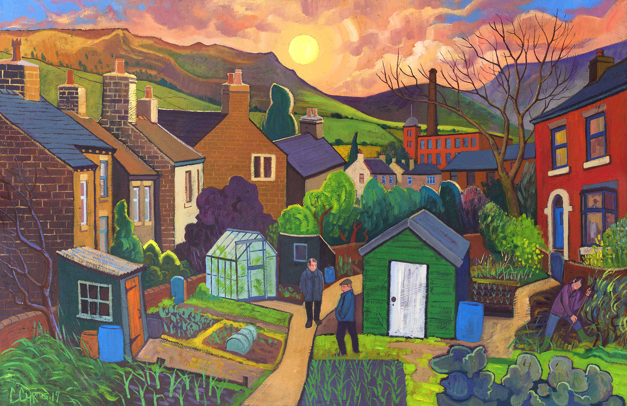 Garden Conversations Limited Edition Print by Chris Cyprus features an early morning meeting on the allotment, to swap growing tips and discuss who has the biggest carrots. Two characters are shown talking against a backdrop of houses, cotton mills and various sheds and greenhouses 