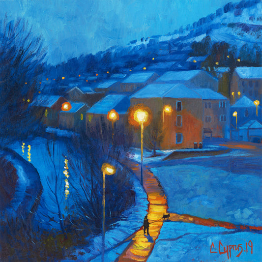 Limited Edition Gicleé Print  'Golden Path' by artist Chris Cyprus. An evocative canalside view from the artists studio on a cold winters evening. The golden sodium lights reflecting in the water, and lighting the path below      Signed & embossed with a certificate of authentication     Printed on archival paper     Highest quality fade resistant inks used     This product is tube-rolled for worldwide shipping