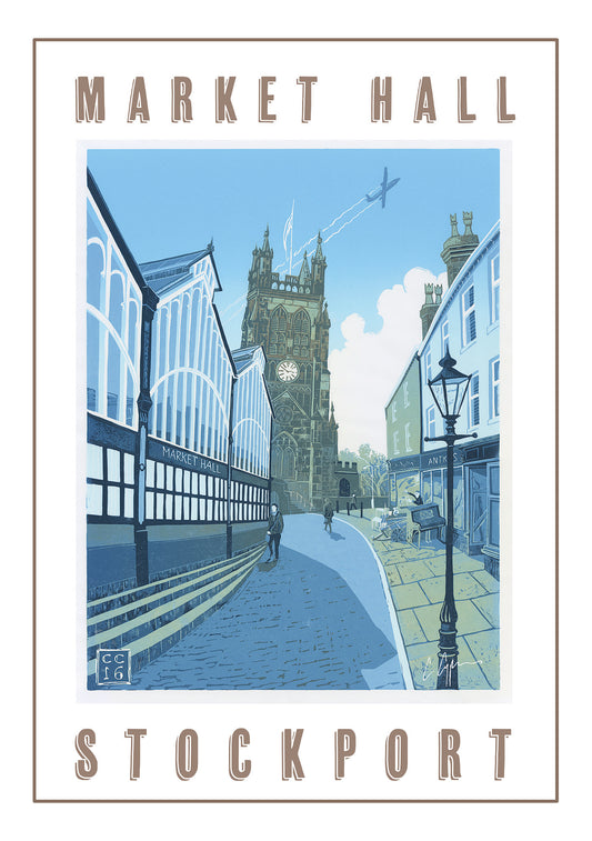 A beautiful reproduction poster of my 2016 linocut of Stockport Old Town, featuring the Market Hall and St. Mary's Parish Church          A2 size         Printed on 250gsm silk board paper - sustainably sourced         Tube rolled ideal for worldwide shipping