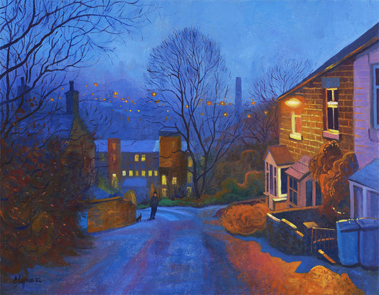 Morning Glow Limited Edition Gicleé Print by artist Chris Cyprus. Reproduced from the original oil painting completed in 2022, morning glow limited edition Gicleé print captures the evocative light of a cold winter morning, the sodium lights providing a comforting glow to the early risers! .  30cm x 40cm actual size of artwork .  Signed & embossed with Certificate of authenticity.  Limited Edition of 50 prints available.  Tube rolled for worldwide shipping. 