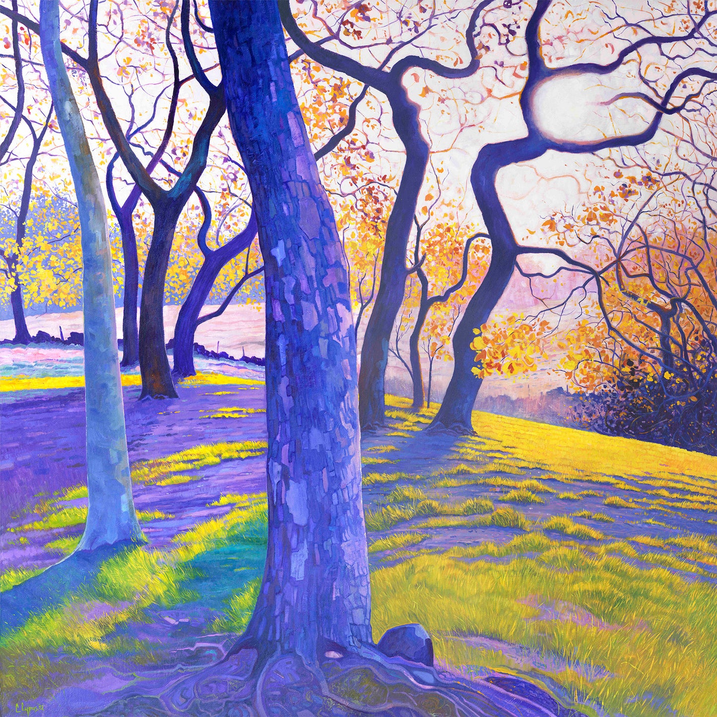 Limited Edition Gicleé Print  Reproduced from the 'Dream Trees' series of oil painting  The painting 'New Dawn' invites you to take a moment to pause, to breathe, and to appreciate the beauty that surrounds us. It serves as a gentle reminder to embrace the present moment, to find solace in the ever-changing cycle of life, and to seek harmony between ourselves and the world in which we reside.  Actual size of artwork: 55cm x 55cm 