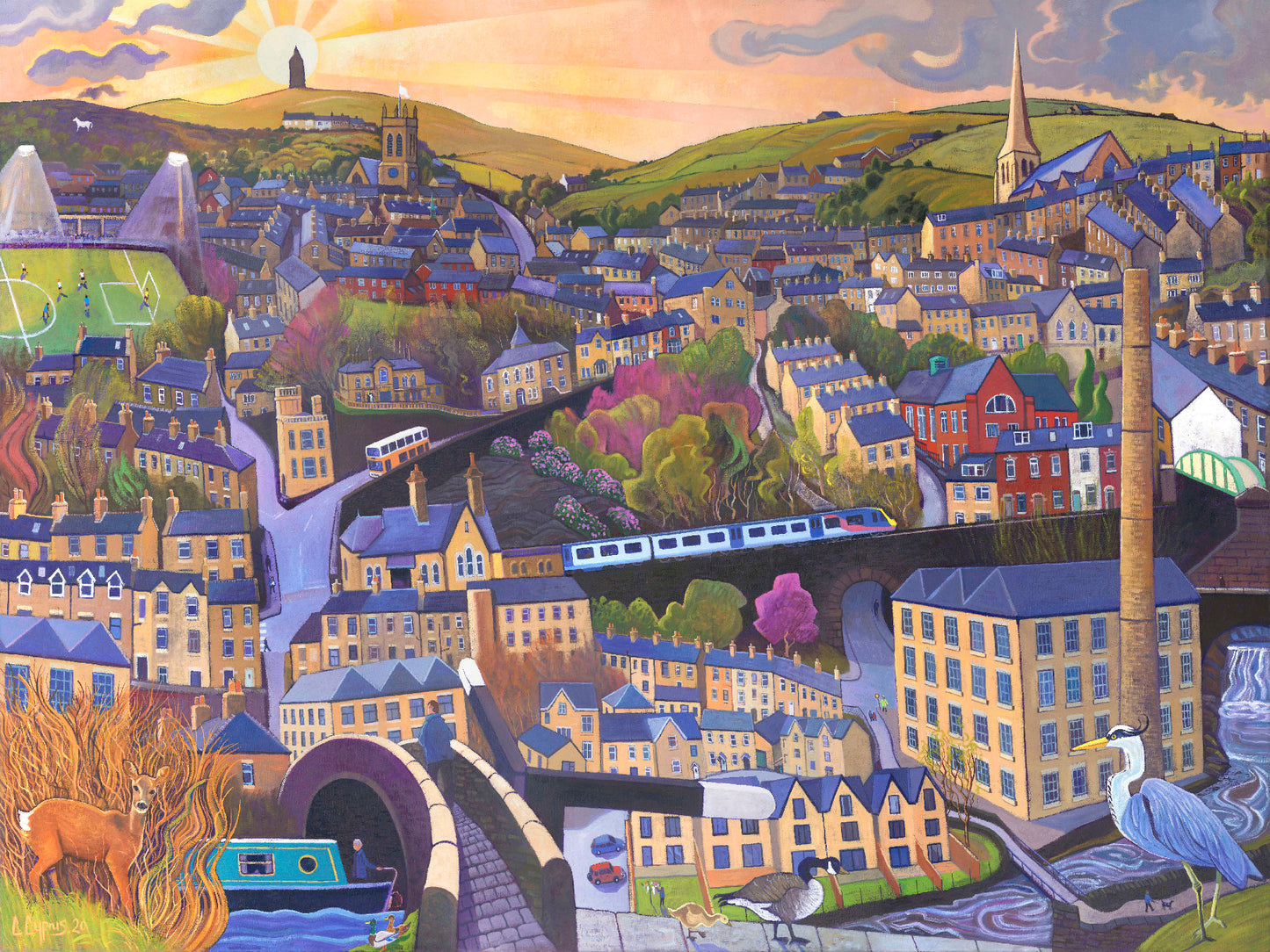 Old Milltown is a montage style painting of a northern town in the UK, by artist Chris Cyprus. Featuring wildlife such as a heron, a deer, and geese in the foreground. Old cotton mills, houses and transport all appear in the scene. 