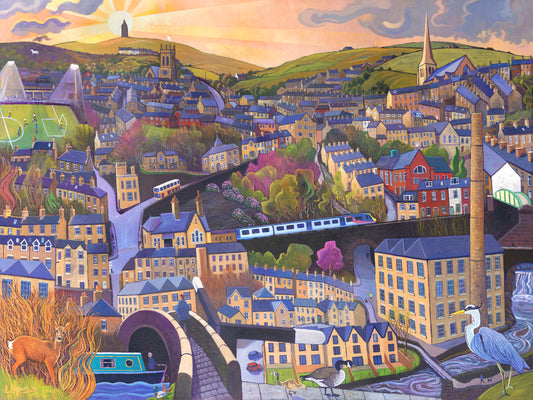 Old Milltown is a montage style painting of a northern town in the UK, by artist Chris Cyprus. Featuring wildlife such as a heron, a deer, and geese in the foreground. Old cotton mills, houses and transport all appear in the scene. 