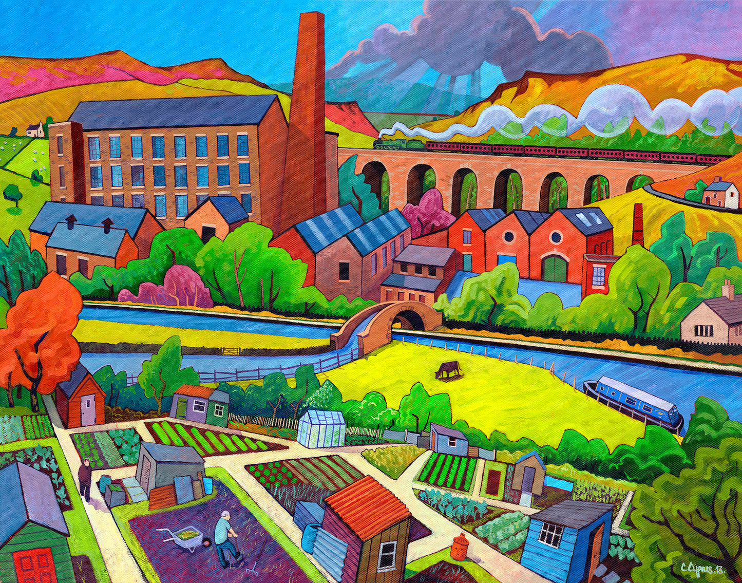 'Pennine Valley' Oil painting by British artist Chri Cyprus. Features a colourful scene in a valley, of allotments, industry, pennine hills , with a wonderful canal boat making its way through the scene. © Chris Cyprus 2013 archive