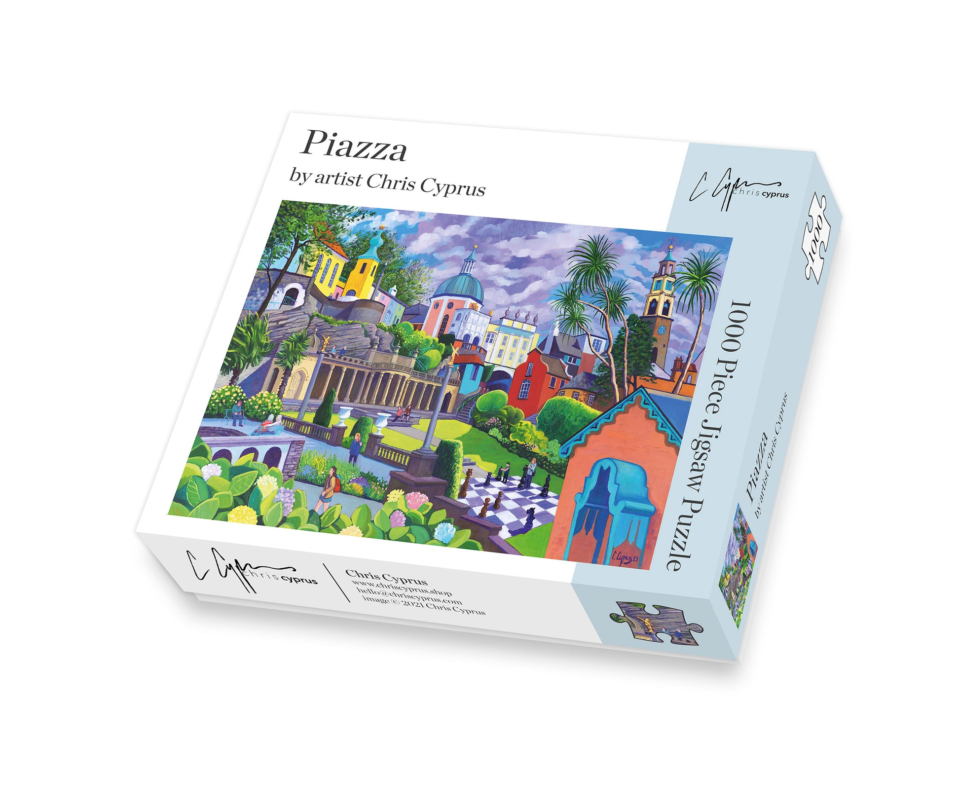1000 piece Jigsaw 'Piazza' by famous artist Chris Cyprus features a scene of the world famous Portmeirion Village in Wales 