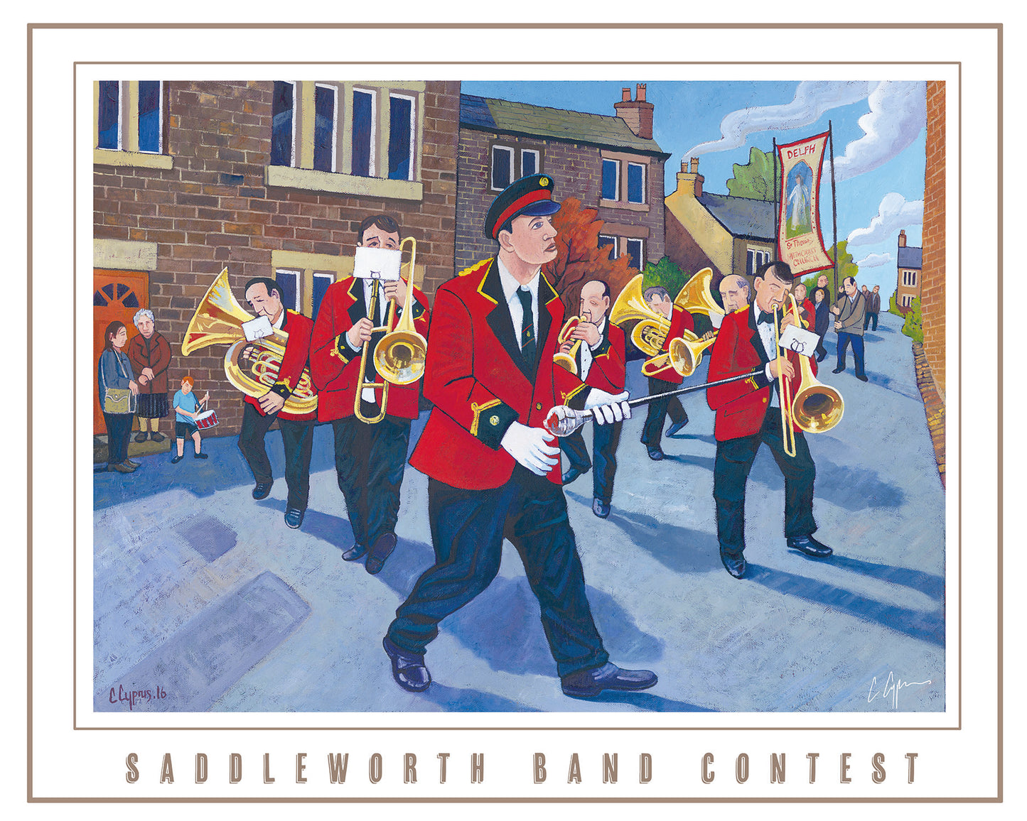 A parade of brass at the famous Whit Friday celebrations in saddleworth, Oldham.  Reproduced from my original painting 'the reds go marching' 2016          A2 size         Printed on 250gsm silk board paper - sustainably sourced         Tube rolled ideal for worldwide shipping