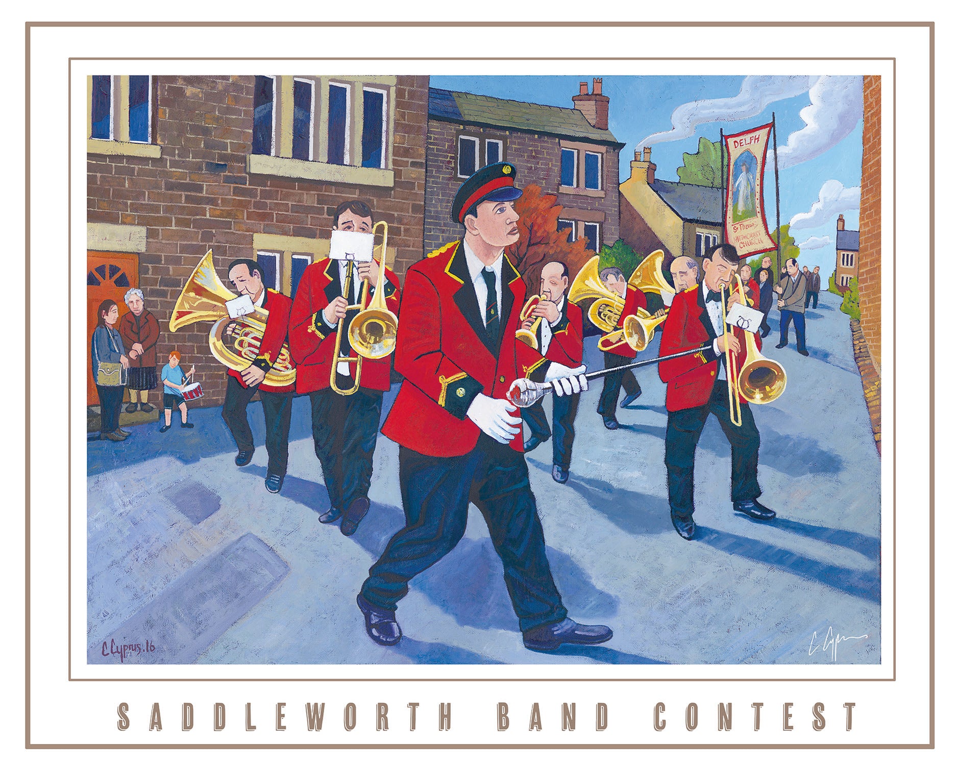 A parade of brass at the famous Whit Friday celebrations in saddleworth, Oldham.  Reproduced from my original painting 'the reds go marching' 2016          A2 size         Printed on 250gsm silk board paper - sustainably sourced         Tube rolled ideal for worldwide shipping