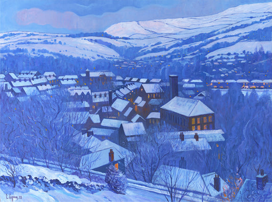 A northern town at dusk after snowfall. The light from the houses in the valley below, give this image a comforting glow !  40cm x 55cm actual size of artwork         Signed & Embossed     Certificate of authenticity     Limited Edition of only 25 prints     Tube rolled for worldwide shipping