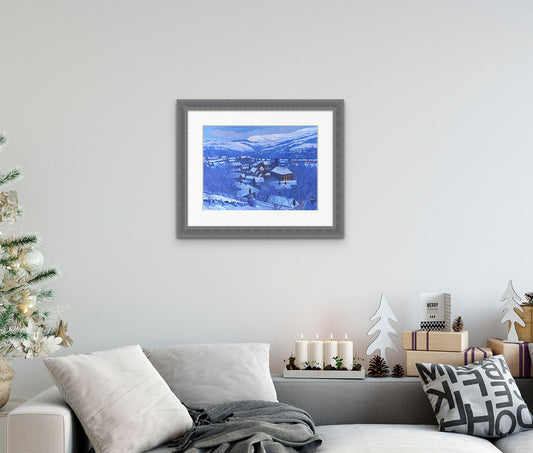 'Snowdrift' Limited Edition Print' by chris Cyprus looks amazing framed. A great art gift for a friend or loved one. Tube rolled for worldwide shipping. A northern town at dusk after snowfall. The light from the houses in the valley below, give this image a comforting glow !  40cm x 55cm actual size of artwork         Signed & Embossed     Certificate of authenticity     Limited Edition of only 25 prints .Tube rolled for worldwide shipping