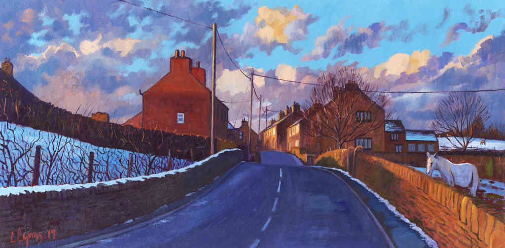 A limited edition Gicleé print by Artist Chris Cyprus featuring a rural scene with snow-covered ground, trees, and a clear blue sky in the background.