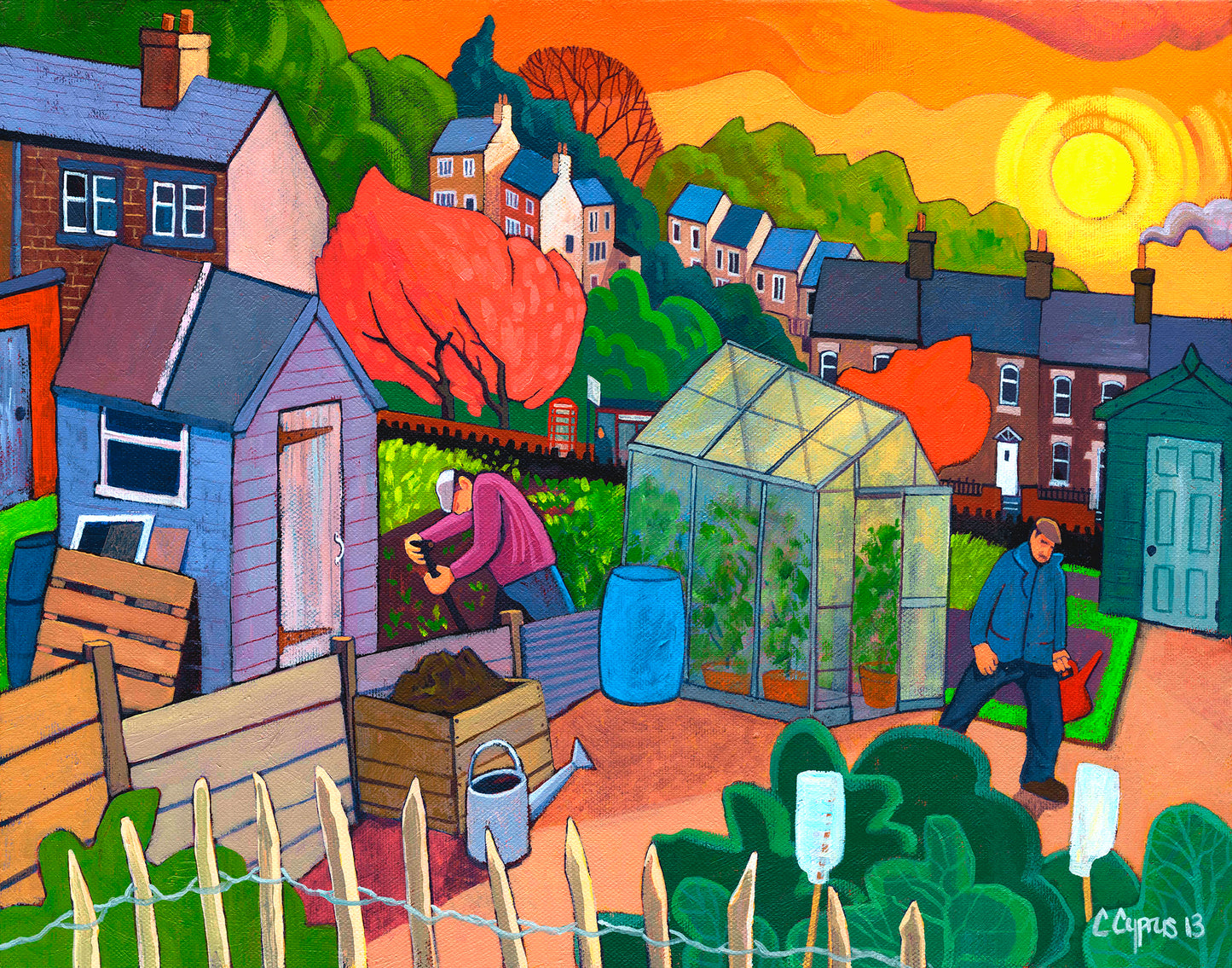 'The Longest Day' Oils on canvas by famous artist Chris Cyprus. features a vivid allotment scene at dusk with sheds, narrow terraced houses and 2 old boys working the land. © Chris Cyprus 2013 archive