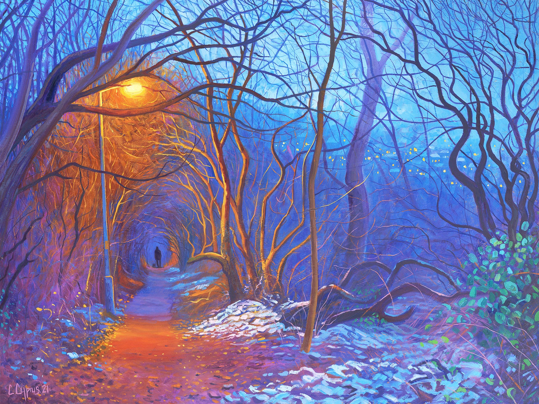 A limited edition giclee print by Chris Cyprus featuring a vibrant winter scene with trees and a pathway illuminated by different colours of light.