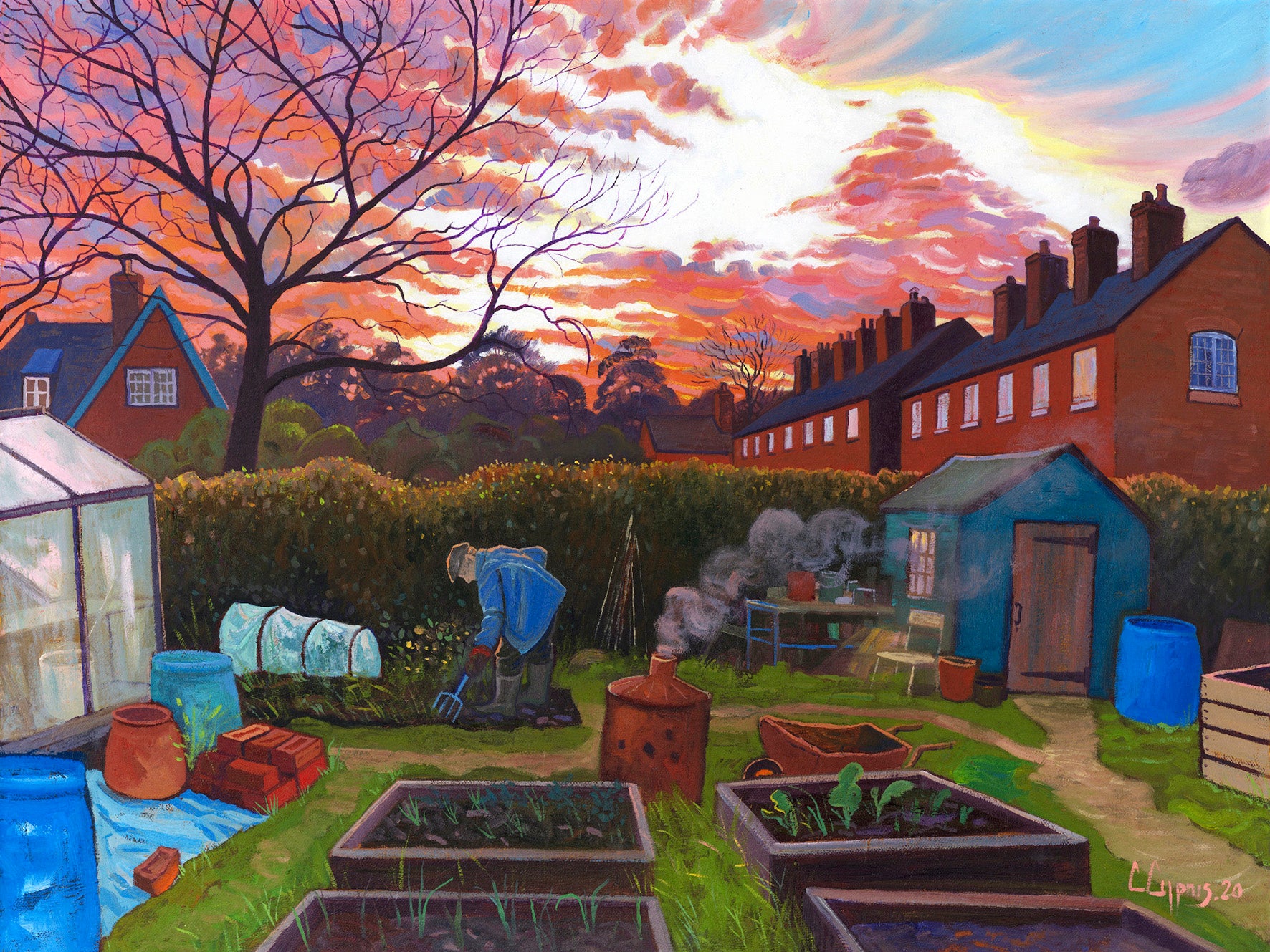 Gicleé print 'Twilight Gardener' depicting a smallholding at sunset with various garden elements such as pots, trees, a shed and a figure digging the land.