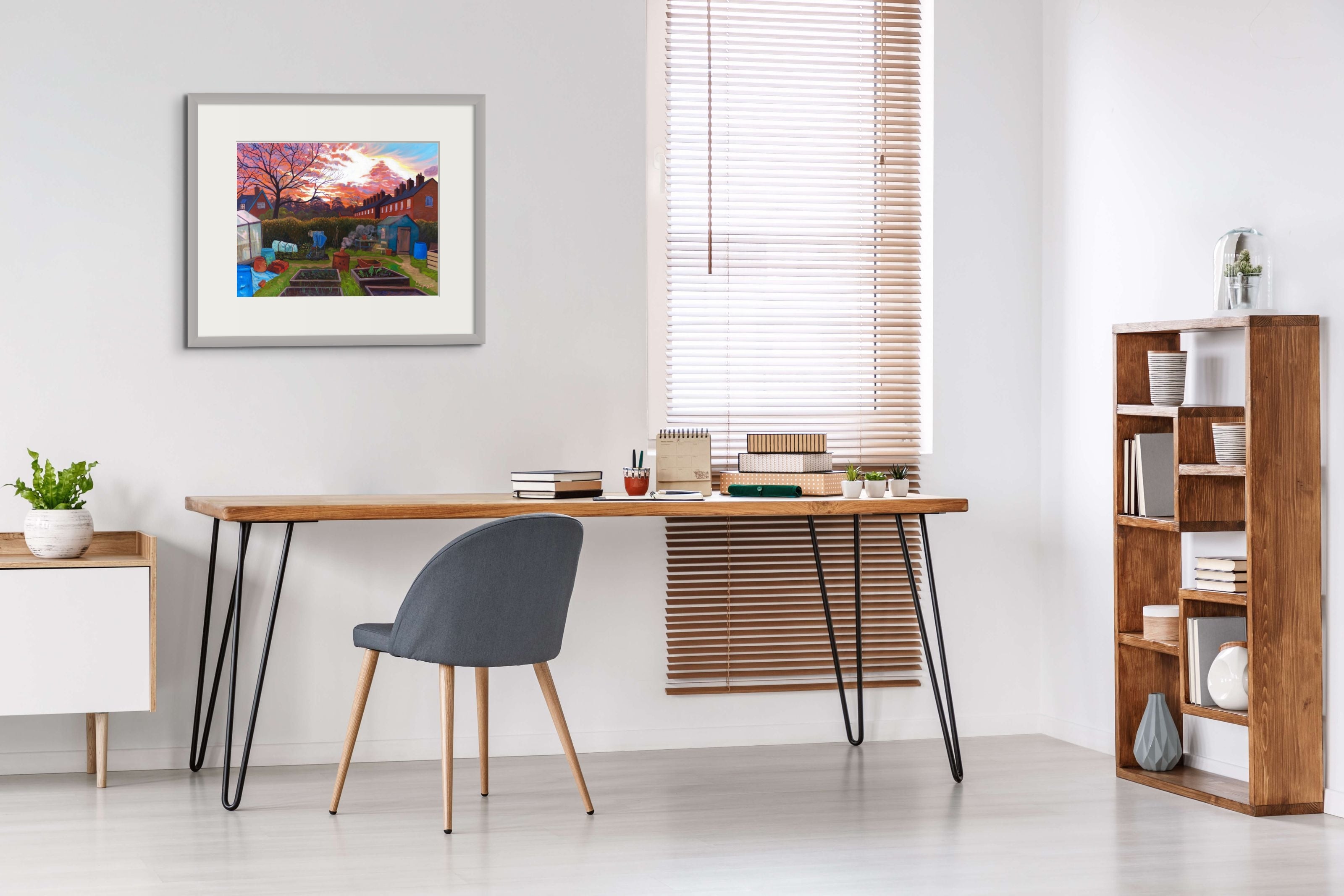 'Twilight Gardener 'Limited Edition Print by Chris Cyprus Artist. Shown displayed  in a frame on the wall 