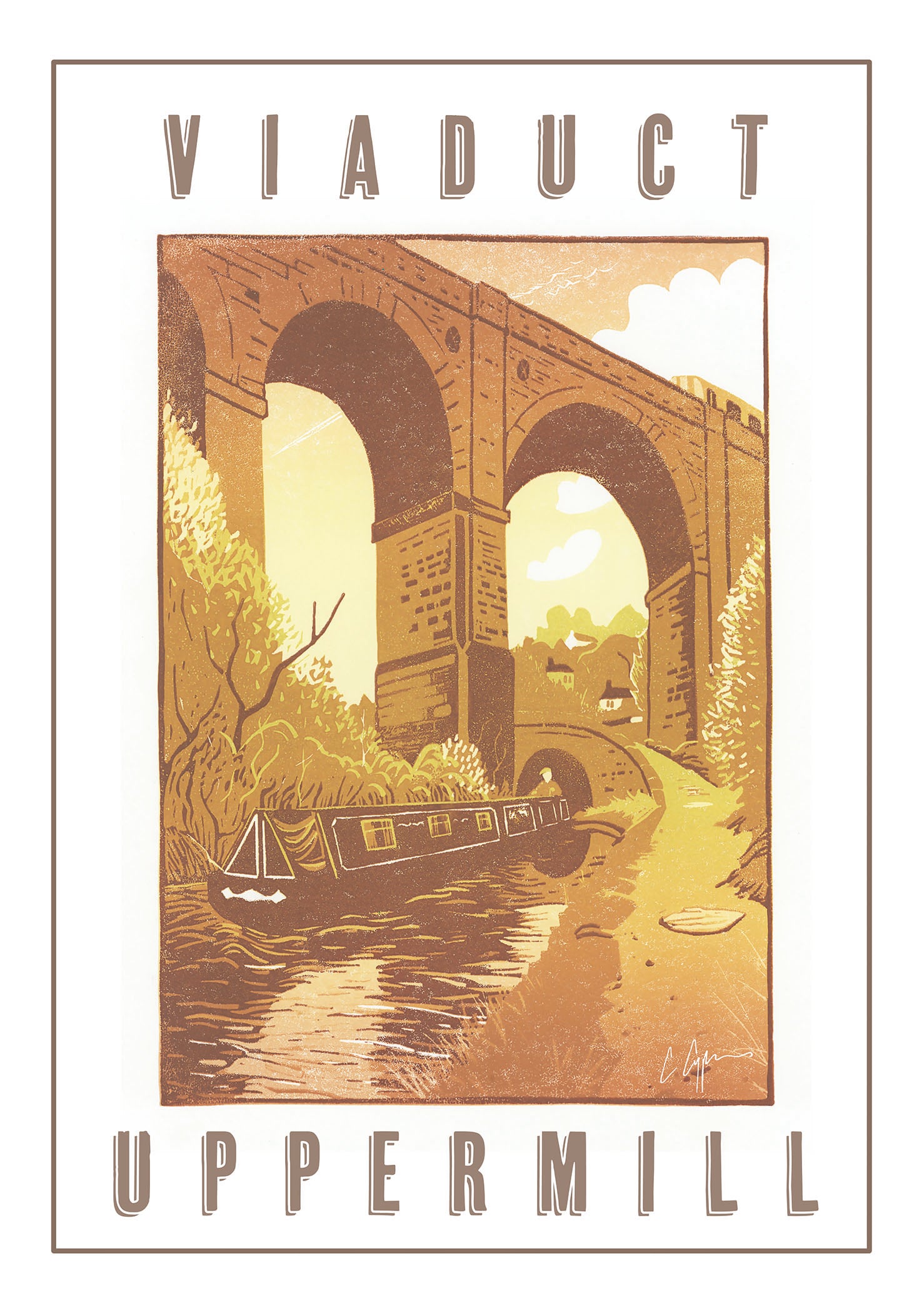 A beautiful reproduction Poster Print featuring a linocut of the viaduct over the canal at Uppermill, Oldham          A2 size         Printed on 250gsm silk board paper - sustainably sourced         Tube rolled ideal for worldwide shipping