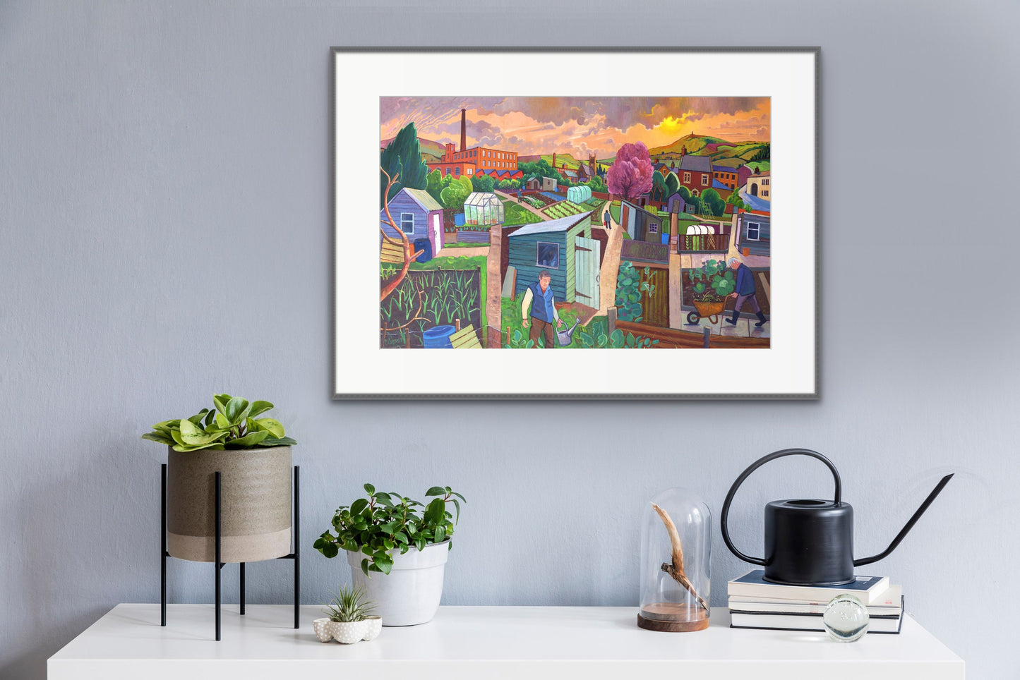 Reproduced from the original oil painting completed in 2019.  A detailed scene combining elements of beautiful landscape surrounding an allotment,  plot holders tending to their prize vegetables and flowers on a summers day at sunrise.  Actual size of artwork 54cm x35cm      Signed and embossed     Unique certificate of authentication     Limited run of 50     Printed on 300gsm archival quality paper using lightfast inks     Tube rolled perfect for worldwide shipping
