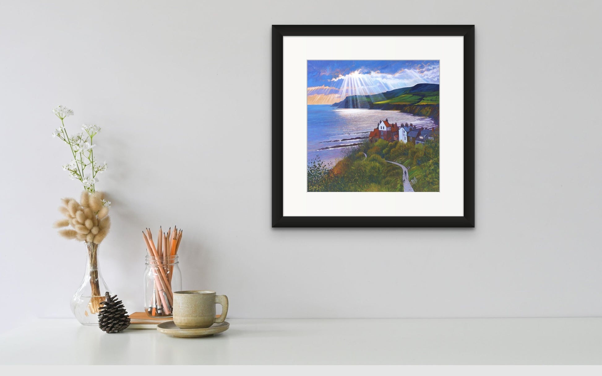 Reproduced from the original oil painting completed in 2020.  The scene features the famous headland view over the stunning Robin Hoods Bay, Northeast Coast UK.   Actual size of artwork  40cm x 40cm       Signed and embossed     Unique certificate of authentication     Limited run of 50     Printed on 300gsm archival quality paper using lightfast inks     Tube rolled for worldwide shipping  . The image shows the print framed and displayed