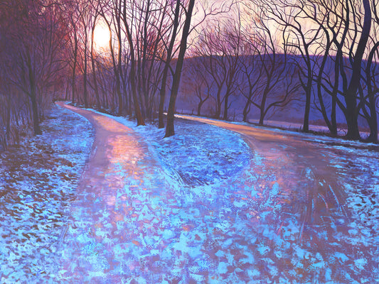 'Meeting Place' Limited Edition Gicleé Print by UK artist Chris Cyprus. Beautiful woodland scene. Sunset scene. Reproduced from the original oil painting