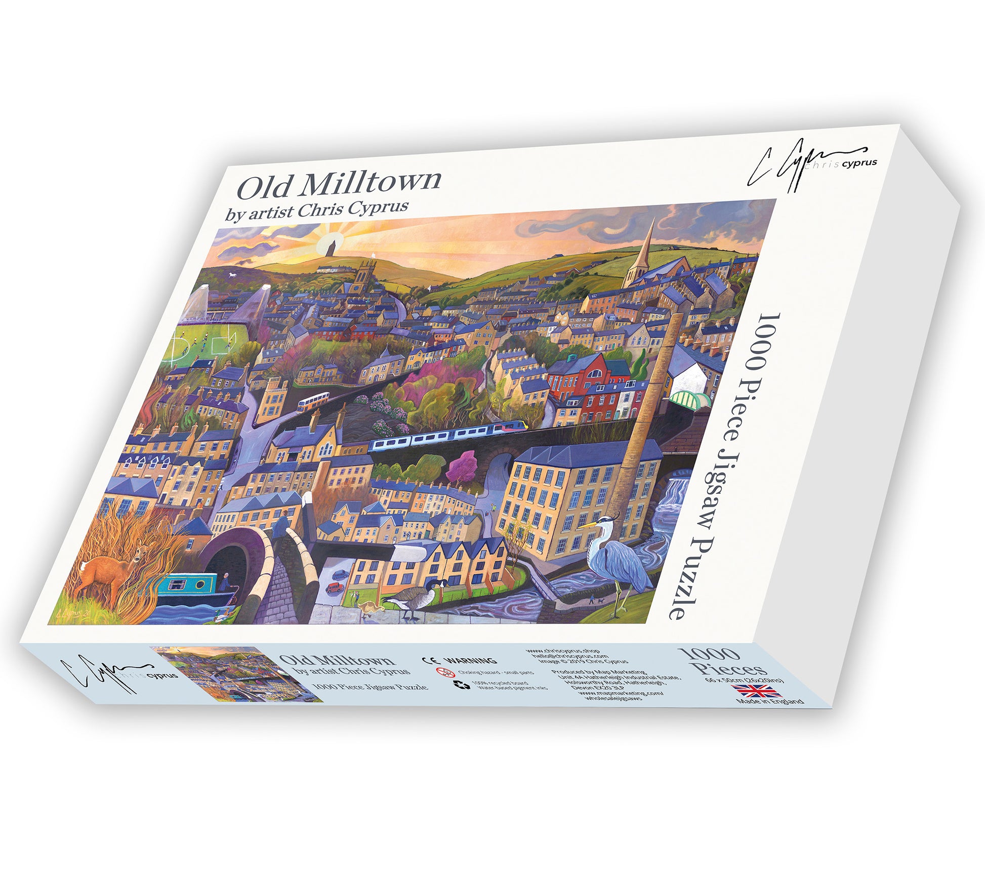 Old Milltown 1000 piece jigsaw by Artist Chris Cyprus features a scene from the painting 'Old Milltown' the town where chris grew up. Limited jigsaws available.