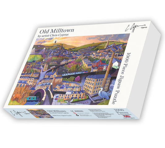 Old Milltown 1000 piece jigsaw by Artist Chris Cyprus features a scene from the painting 'Old Milltown' the town where chris grew up. Limited jigsaws available.