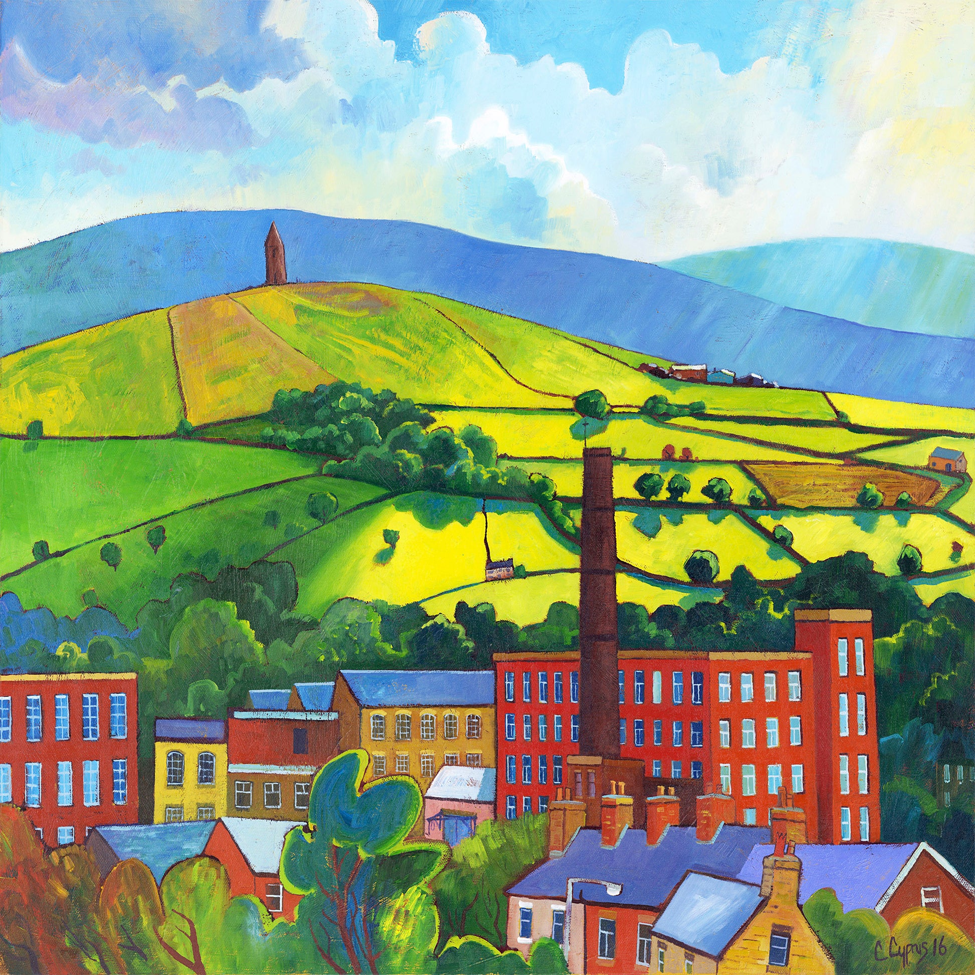 Pennine Town ~ Limited Edition Gicleé Print by Northern artist Chris Cyprus. 40cm x 40cm acyual size of print. Tube rolled for worldwide shipping