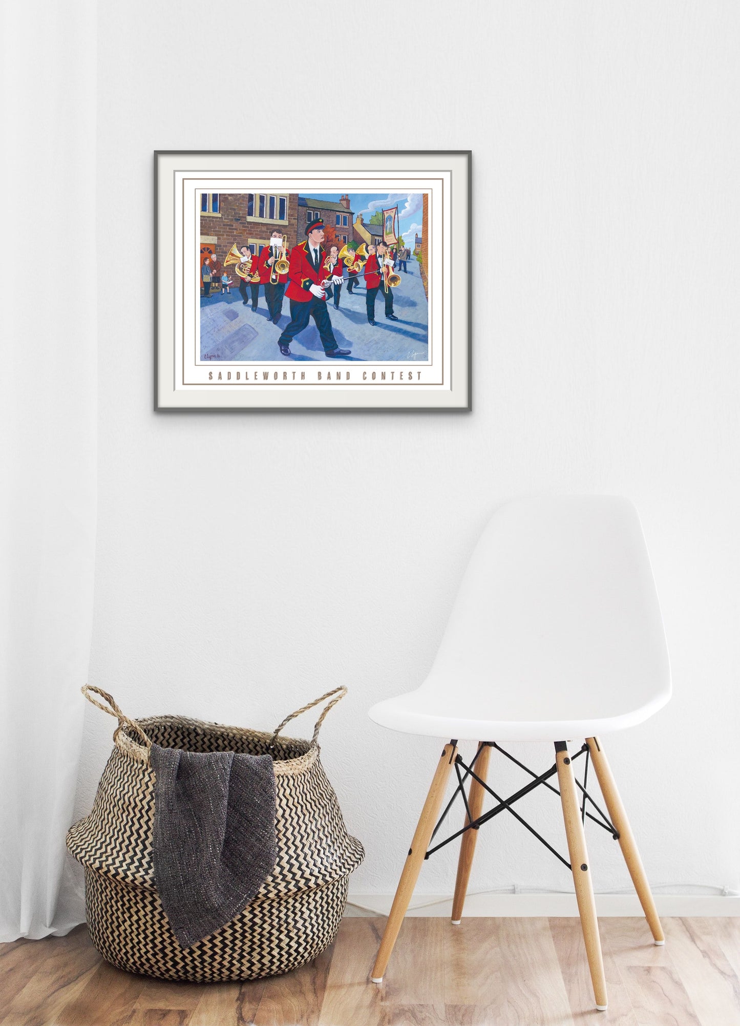  A parade of brass at the famous Whit Friday celebrations in Saddleworth, Oldham.  Reproduced from my original painting 'the reds go marching' 2016          A2 size         Printed on 250gsm silk board paper - sustainably sourced         Tube rolled ideal for worldwide shipping. The image shows the poster framed on display